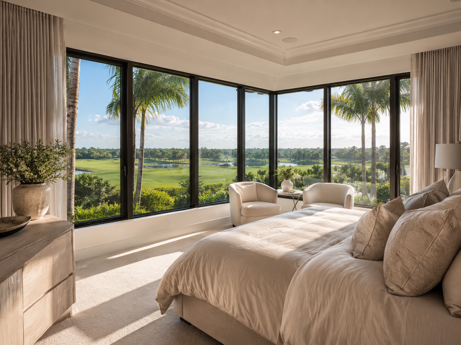 Master bedroom with corner impact windows over a golf course