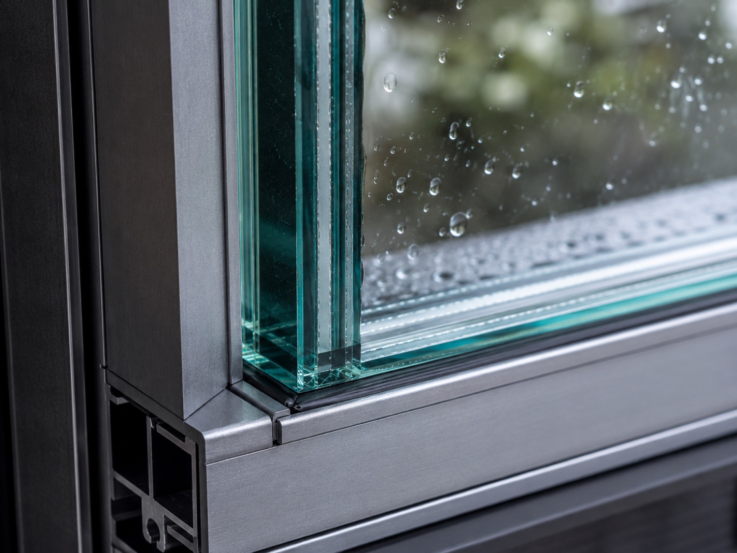 Close-up of laminated impact glass and aluminum frame