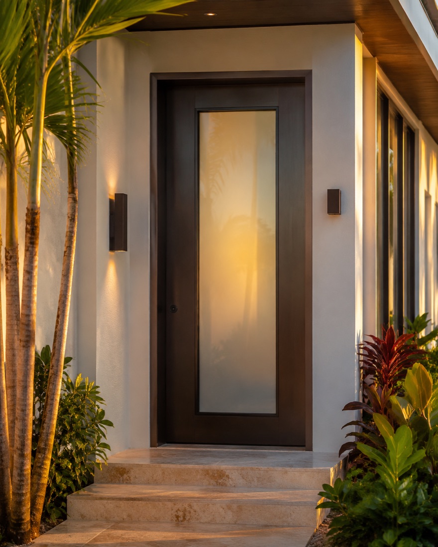 Modern bronze impact-rated pivot entry door