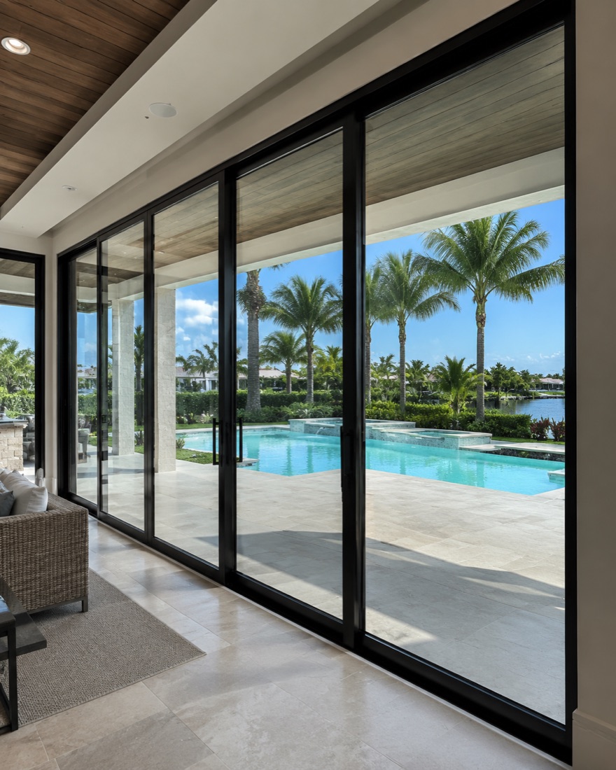 Multi-panel sliding glass impact door overlooking a pool