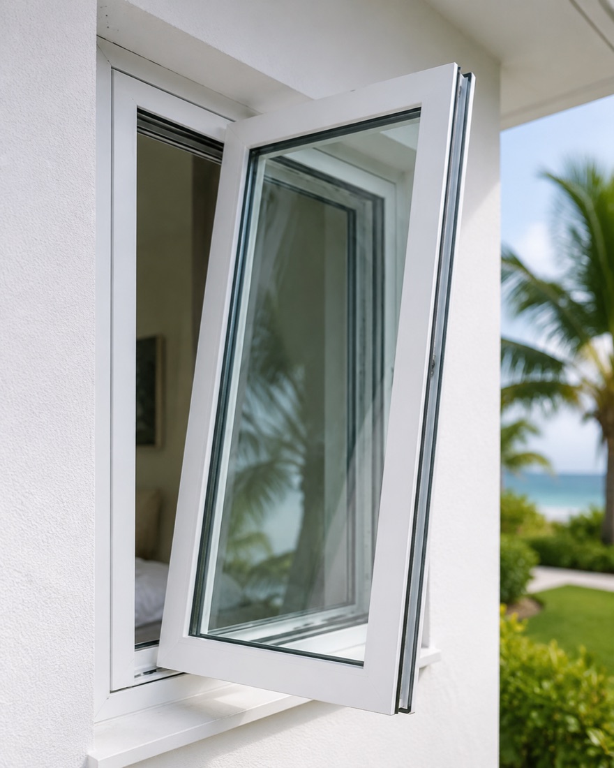 White aluminum impact casement window on a coastal Florida home
